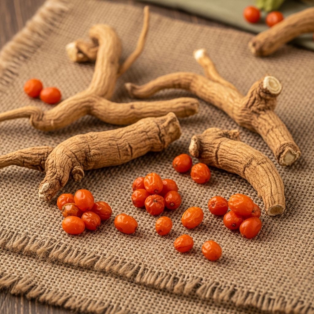 Dried ashwagandha root pieces and orange-red berries arranged on a natural hessian cloth surface with warm earthy tones and natural background texture