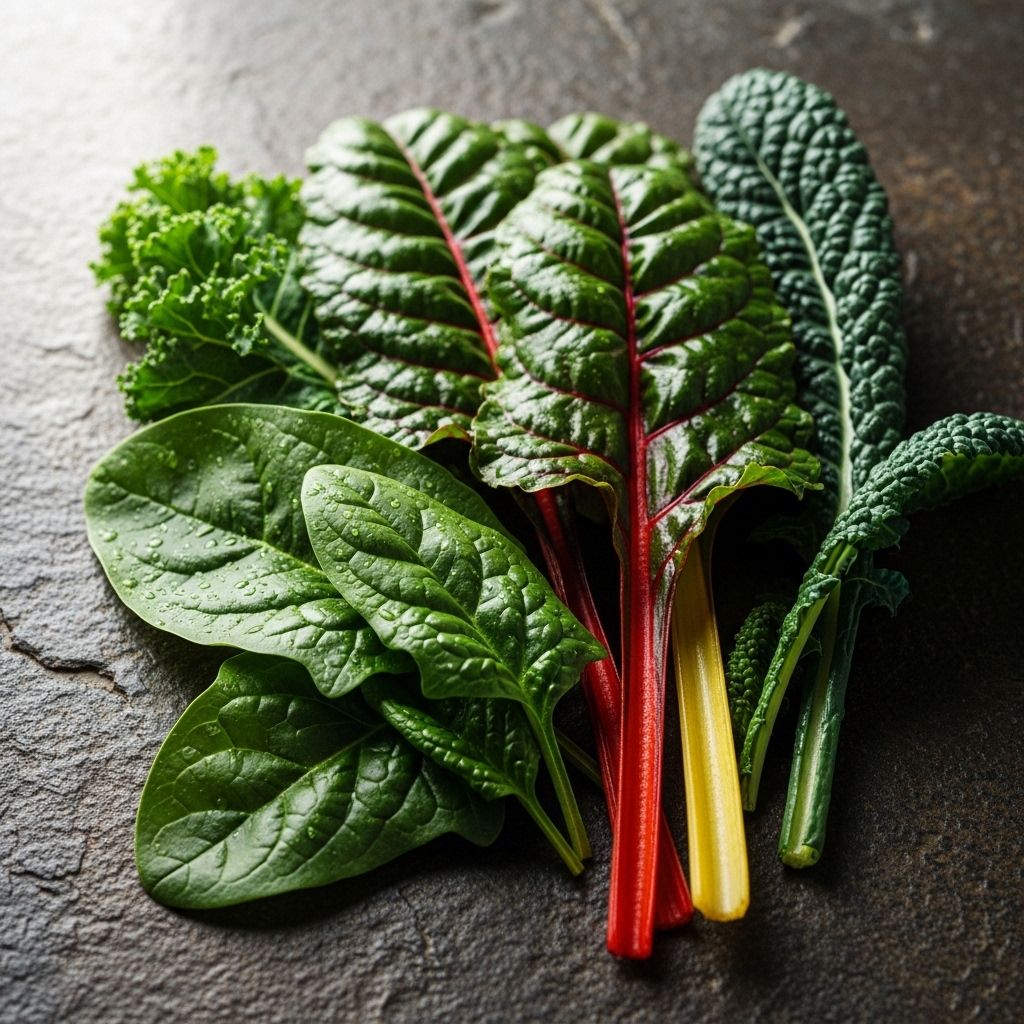 Close-up of dark leafy green vegetables including spinach and swiss chard on a stone surface with soft natural light, representing magnesium-rich plant foods