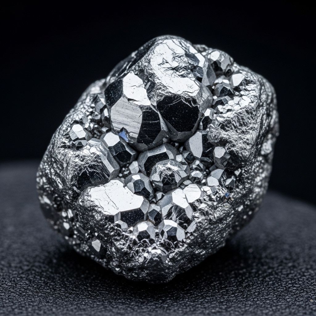 Macro photograph of raw zinc mineral ore with metallic grey crystalline surface and natural geometric facets on a dark textured background