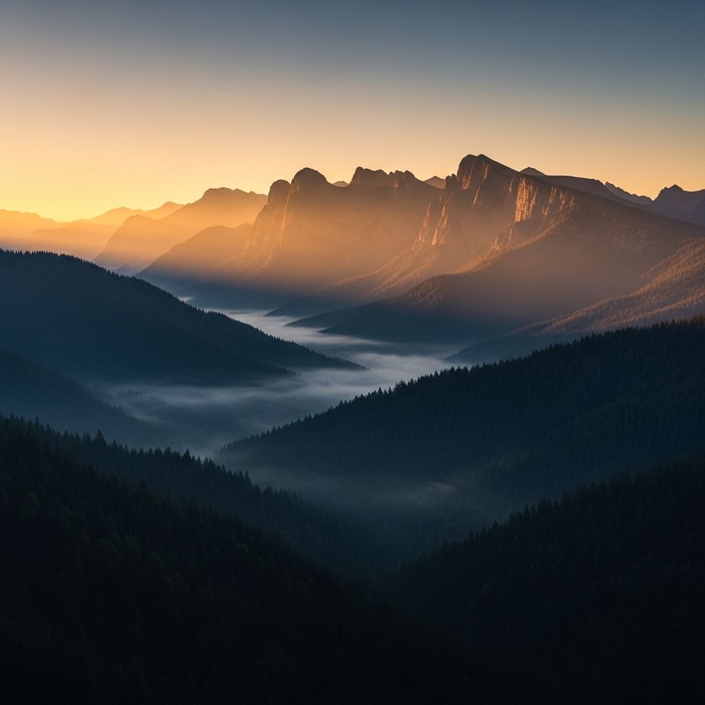 Vast misty mountain landscape at dawn with ancient forests in deep shadow and warm golden light breaking over distant peaks, conveying vastness and natural depth