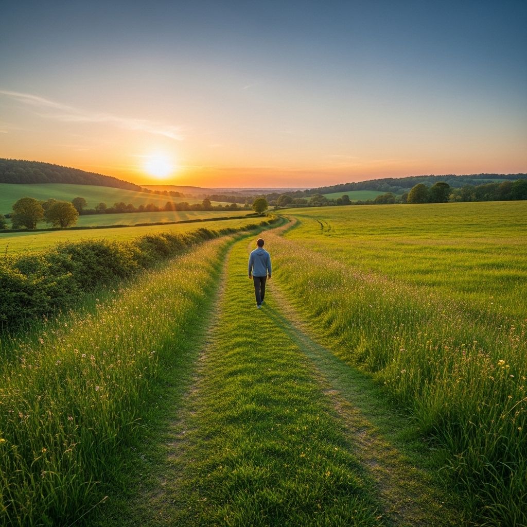 Person walking alone on a wide open path through a green countryside landscape in soft afternoon light, viewed from a distance suggesting calm contemplative movement