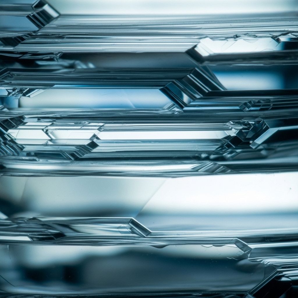 Abstract close-up of layered crystalline mineral structures under studio lighting with subtle blue and teal tones suggesting scientific analysis and structured inquiry